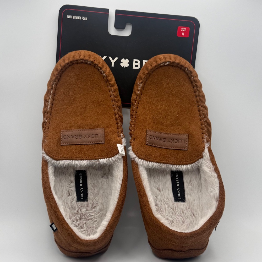 Lucky Brand Slippers Mens XL Brown New Moccasin Memory Foam Faux Fur Lined